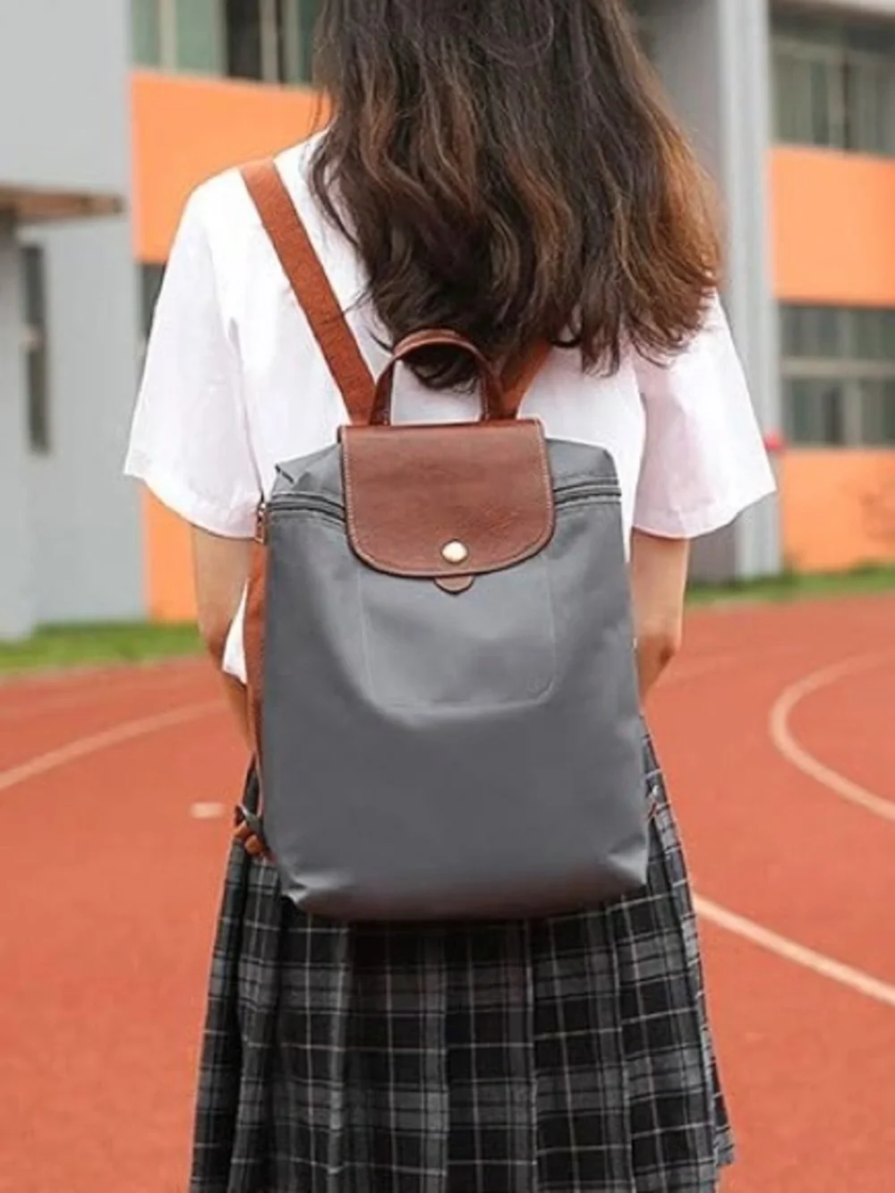 Longchamp Le Pliage Large Nylon Backpack in Storm Grey/Brown